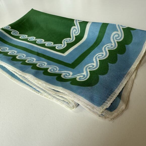 Vintage Green Blue Wave Border Oblong Scarf 41” Maximalist‎ Mod Print No Tag - Picture 8 of 10